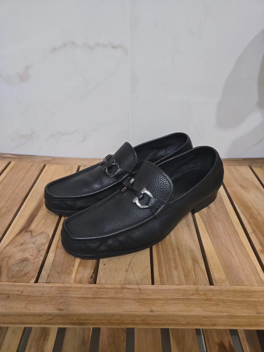 Salvatore Ferragamo Grandioso Pebbled Men’s Shoe Loafer Gancini bit Black 8.5 EE